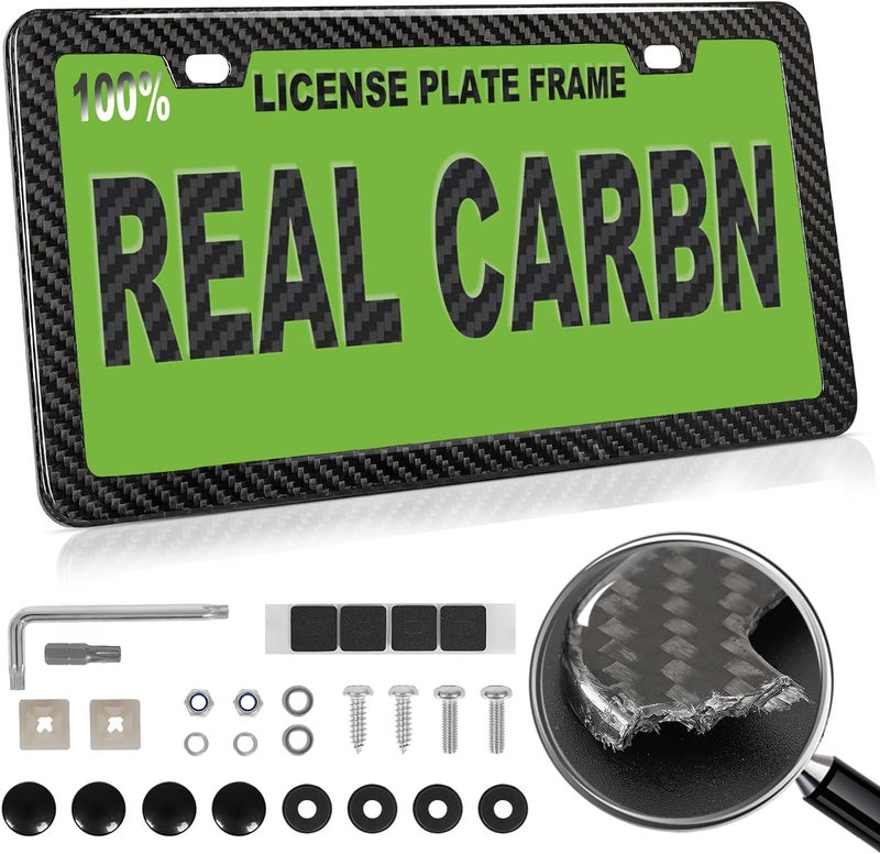 HIBRONGO Real Carbon Fiber License Plate Frame Handcrafted 100% Full Carbon License Plate Frame Black 6″×12″ License Plate Holder Car Tag Frame with Anti Theft Screw Hardware - 1 Pack 2 Hole Slim Edge - Image 1